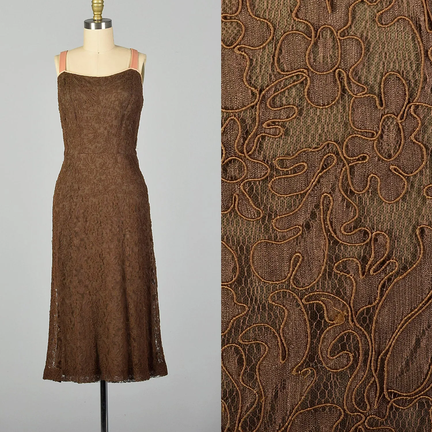 Large-XL 1950s Brown Lace Dress