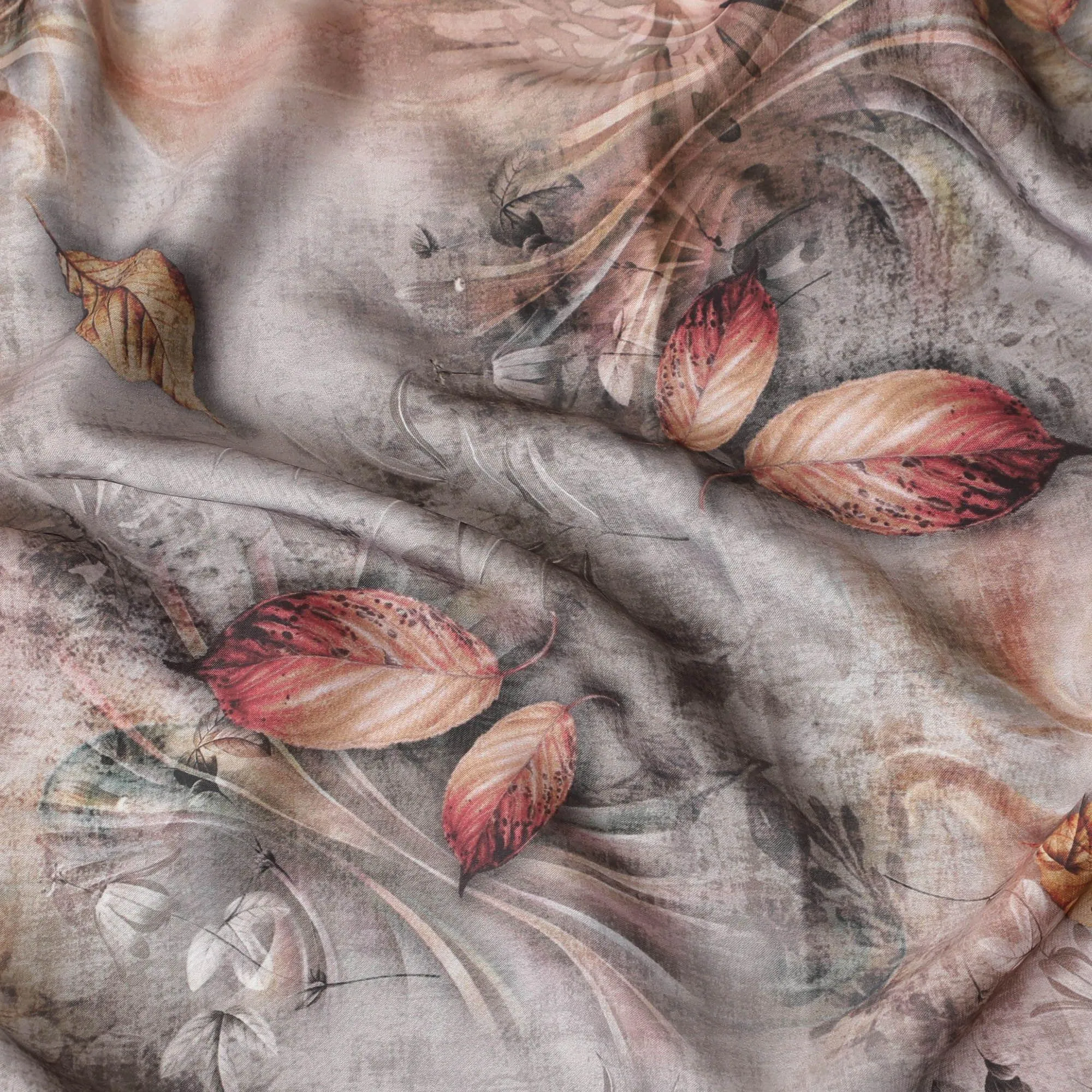 Light brown synthetic satin fabric with pale brown, crimson red and beige print in fancy design-D10272