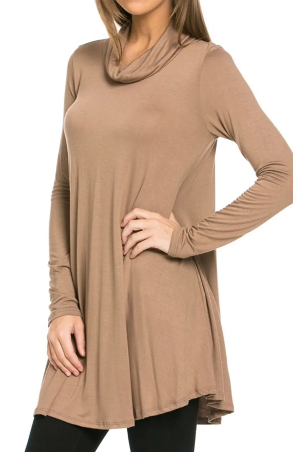 Long Sleeve Cowl Neck A-Line Tunic Dress