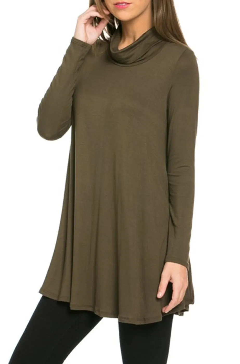 Long Sleeve Cowl Neck A-Line Tunic Dress