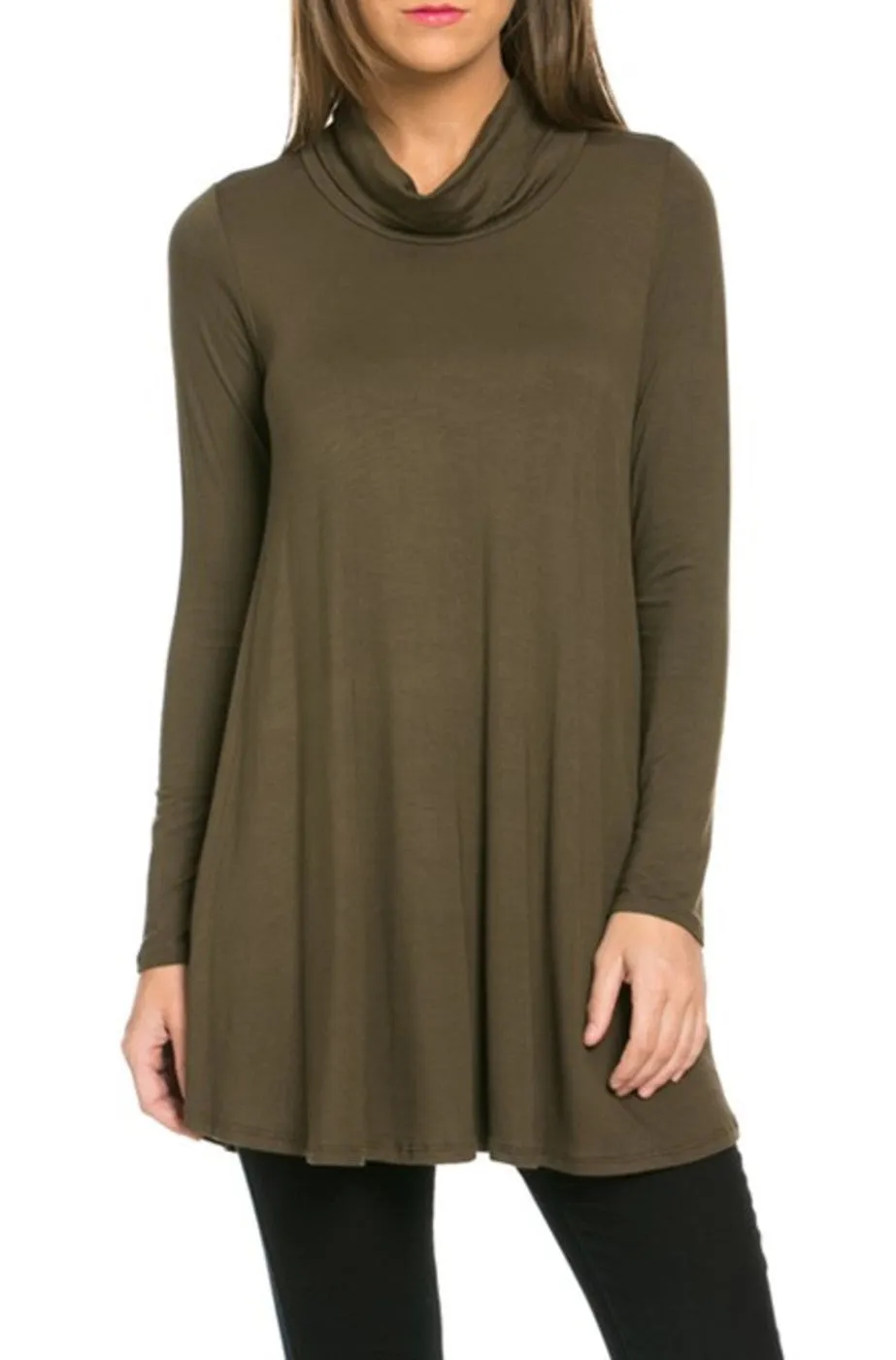 Long Sleeve Cowl Neck A-Line Tunic Dress