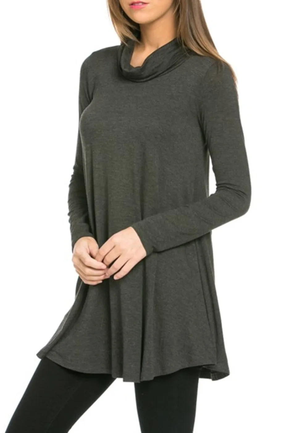 Long Sleeve Cowl Neck A-Line Tunic Dress