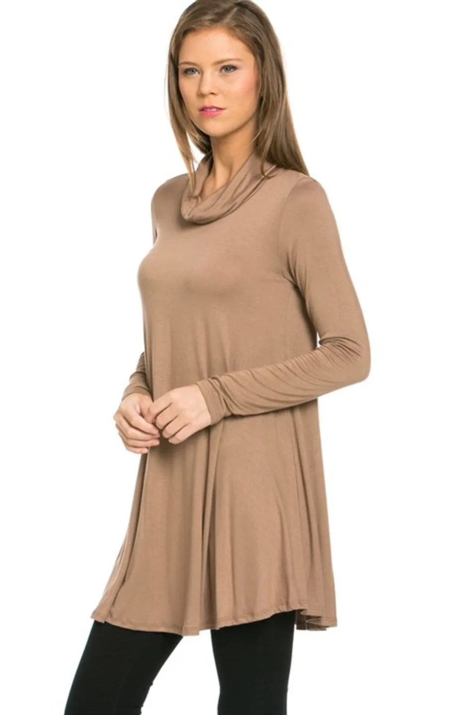 Long Sleeve Cowl Neck A-Line Tunic Dress