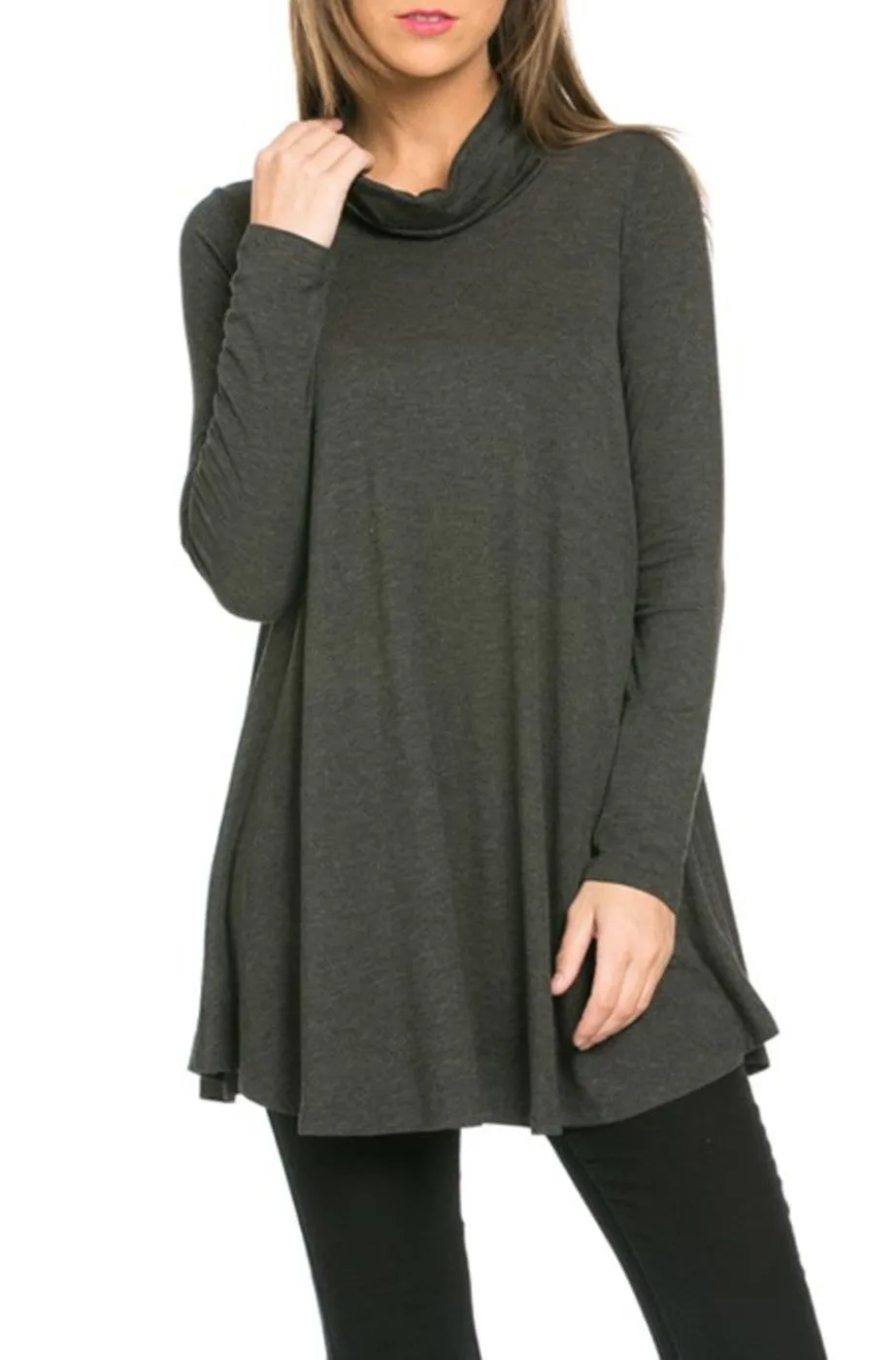 Long Sleeve Cowl Neck A-Line Tunic Dress