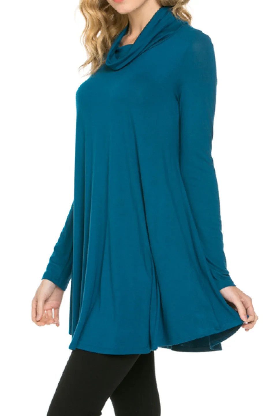 Long Sleeve Cowl Neck A-Line Tunic Dress