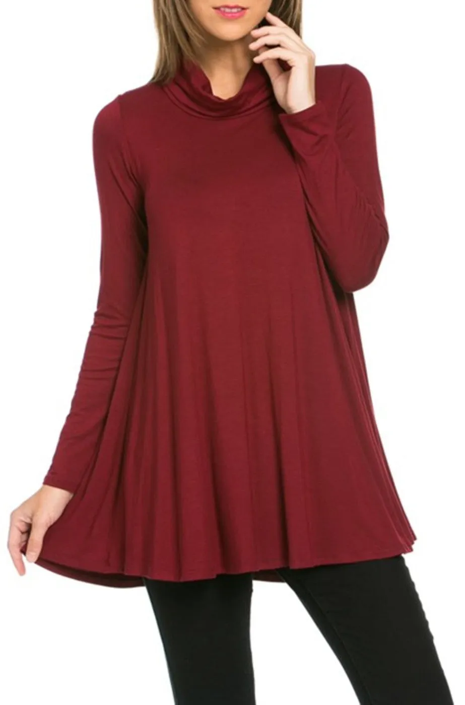 Long Sleeve Cowl Neck A-Line Tunic Dress