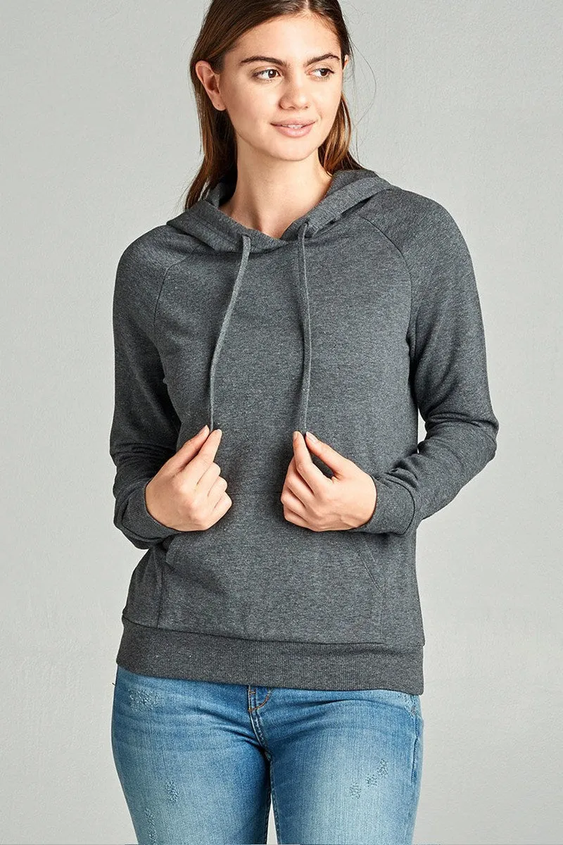 Long Sleeve Pullover French Terry Hoodie Top W/ Kangaroo Pocket