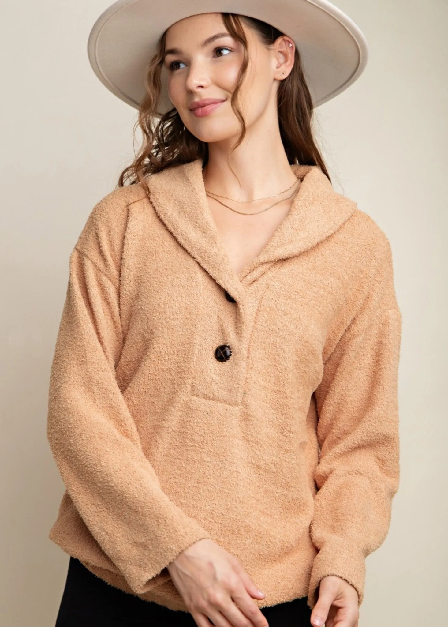 Lucia, Womens Pullover Sweater, Shawl Collar, 2 Buttons, Long Sleeve, Tan