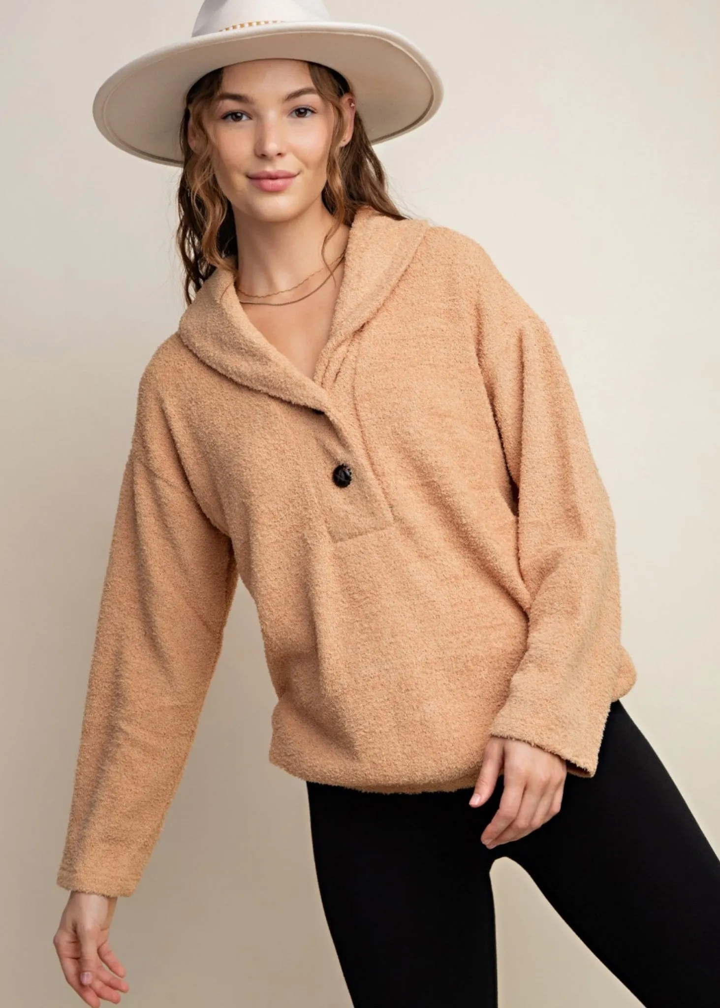 Lucia, Womens Pullover Sweater, Shawl Collar, 2 Buttons, Long Sleeve, Tan