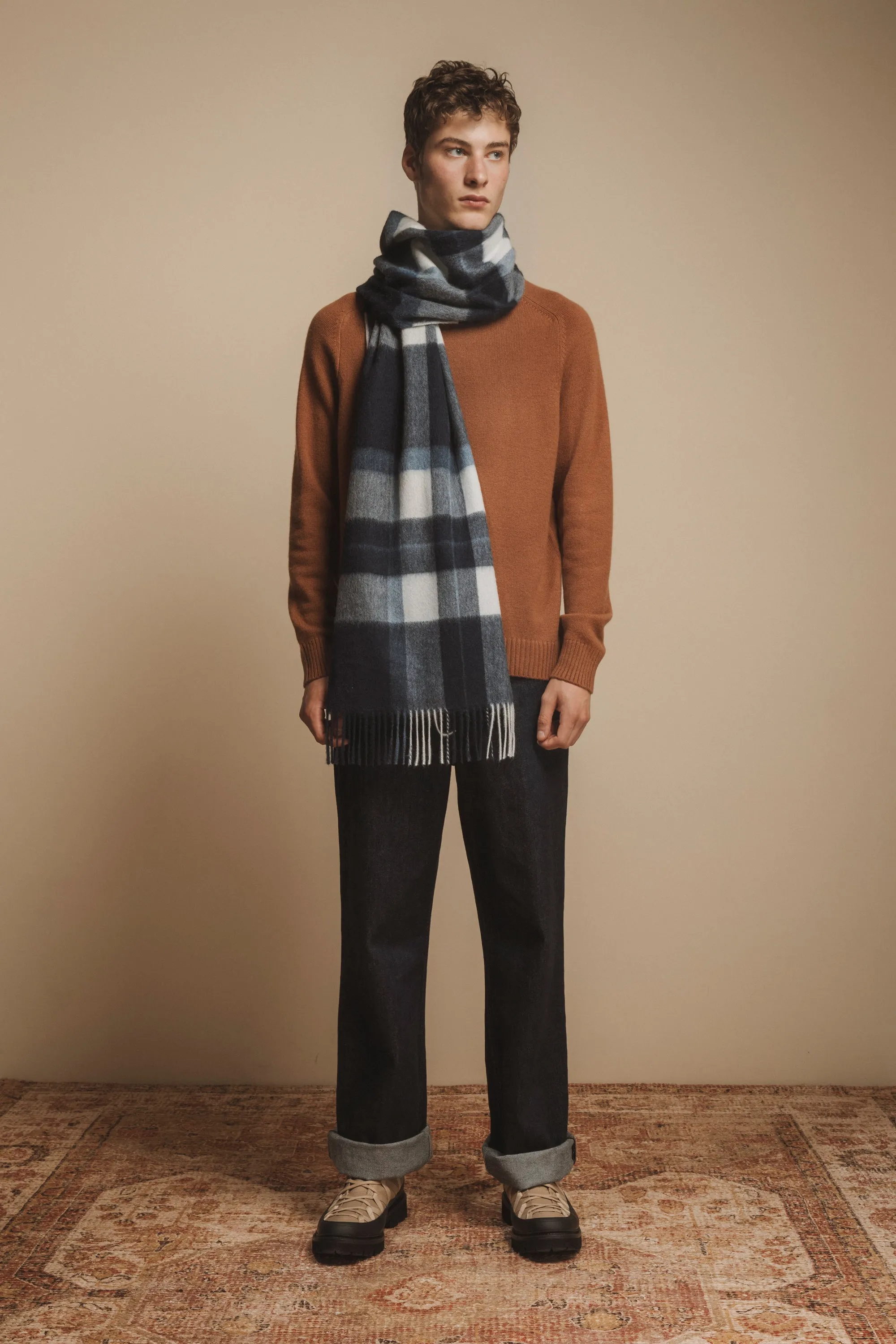 Made in Scotland Contemporary Check Cashmere Wide Scarf - Chatham Navy