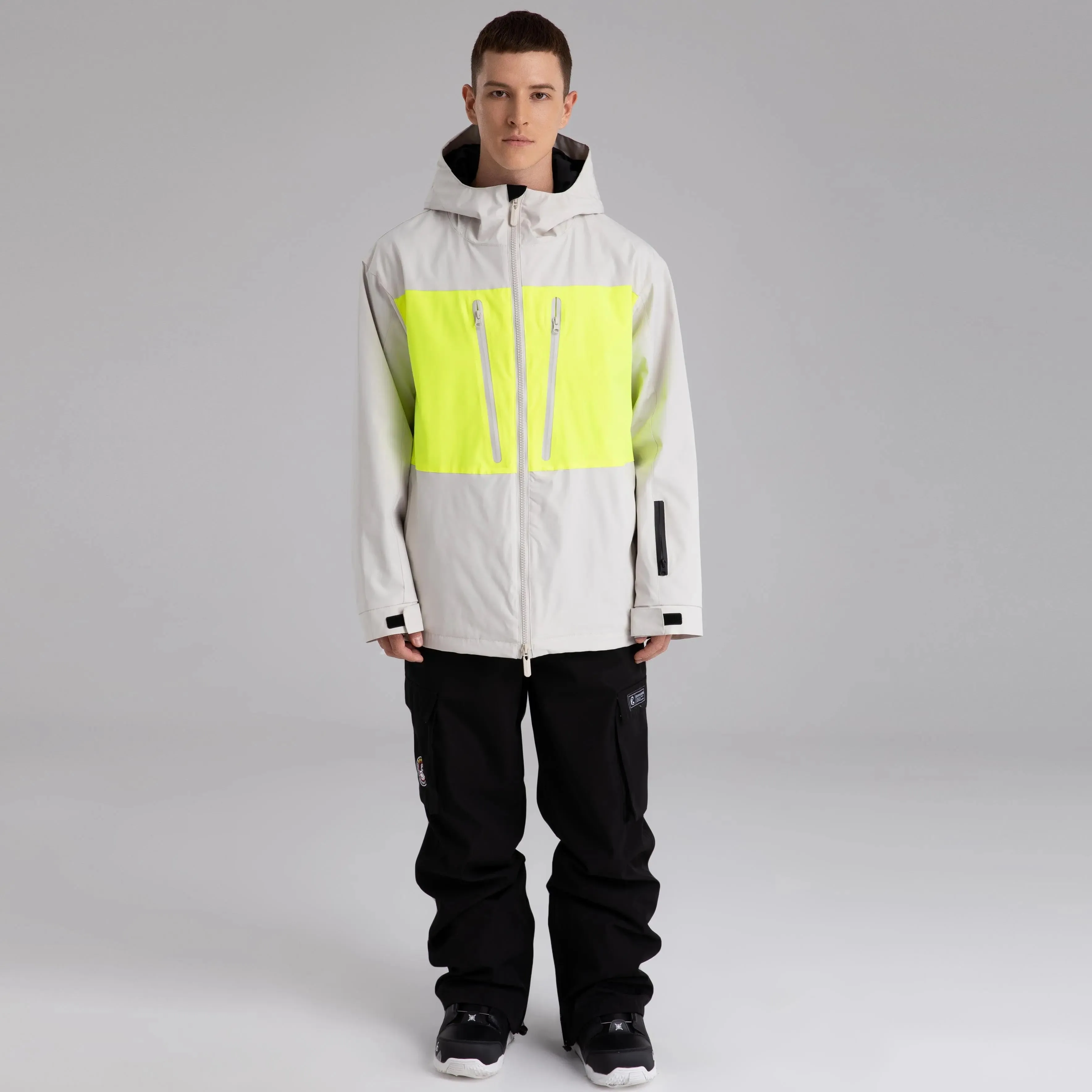 Men Neon Colorblock Hooded Ski Jacket Durable Snow Coat