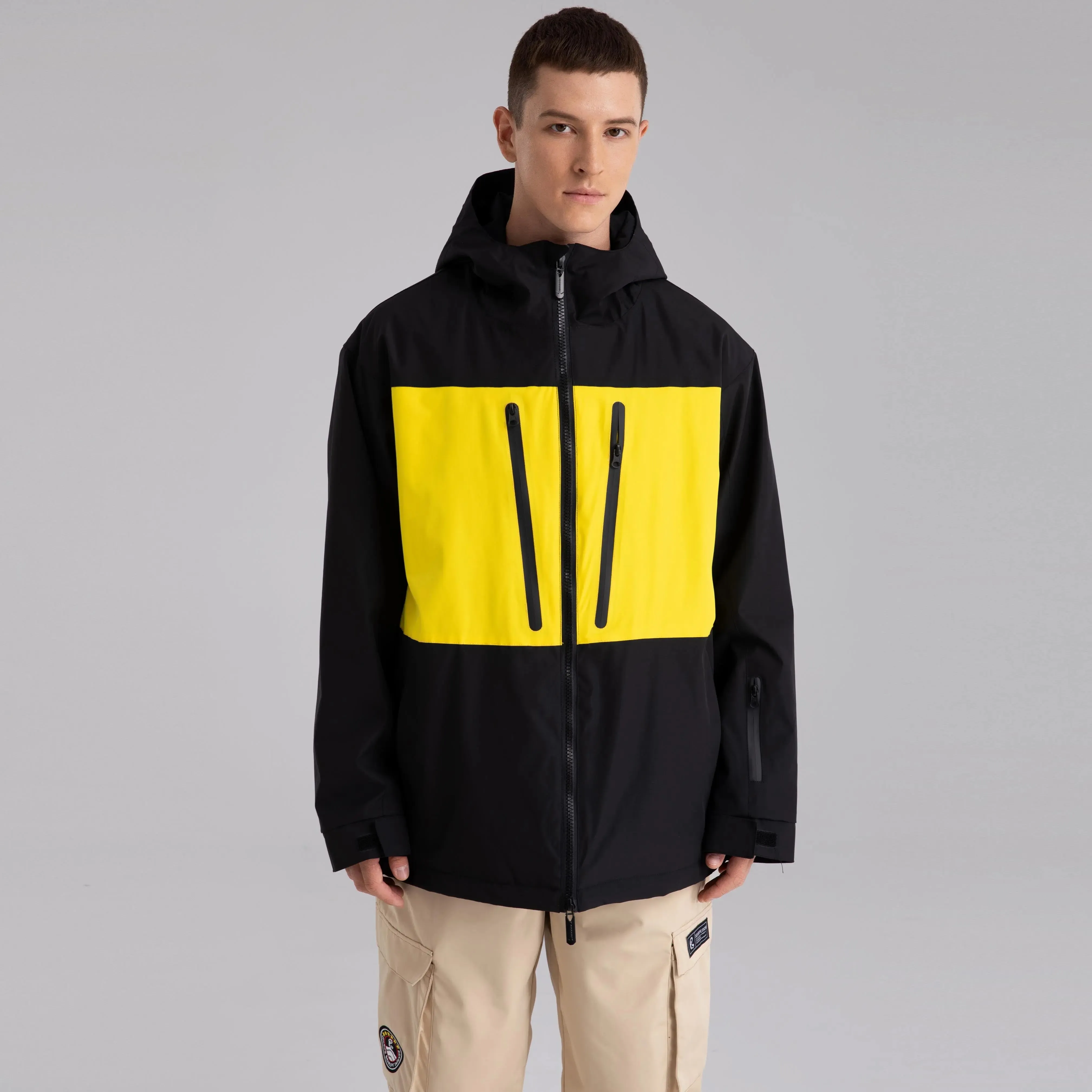 Men Neon Colorblock Hooded Ski Jacket Durable Snow Coat