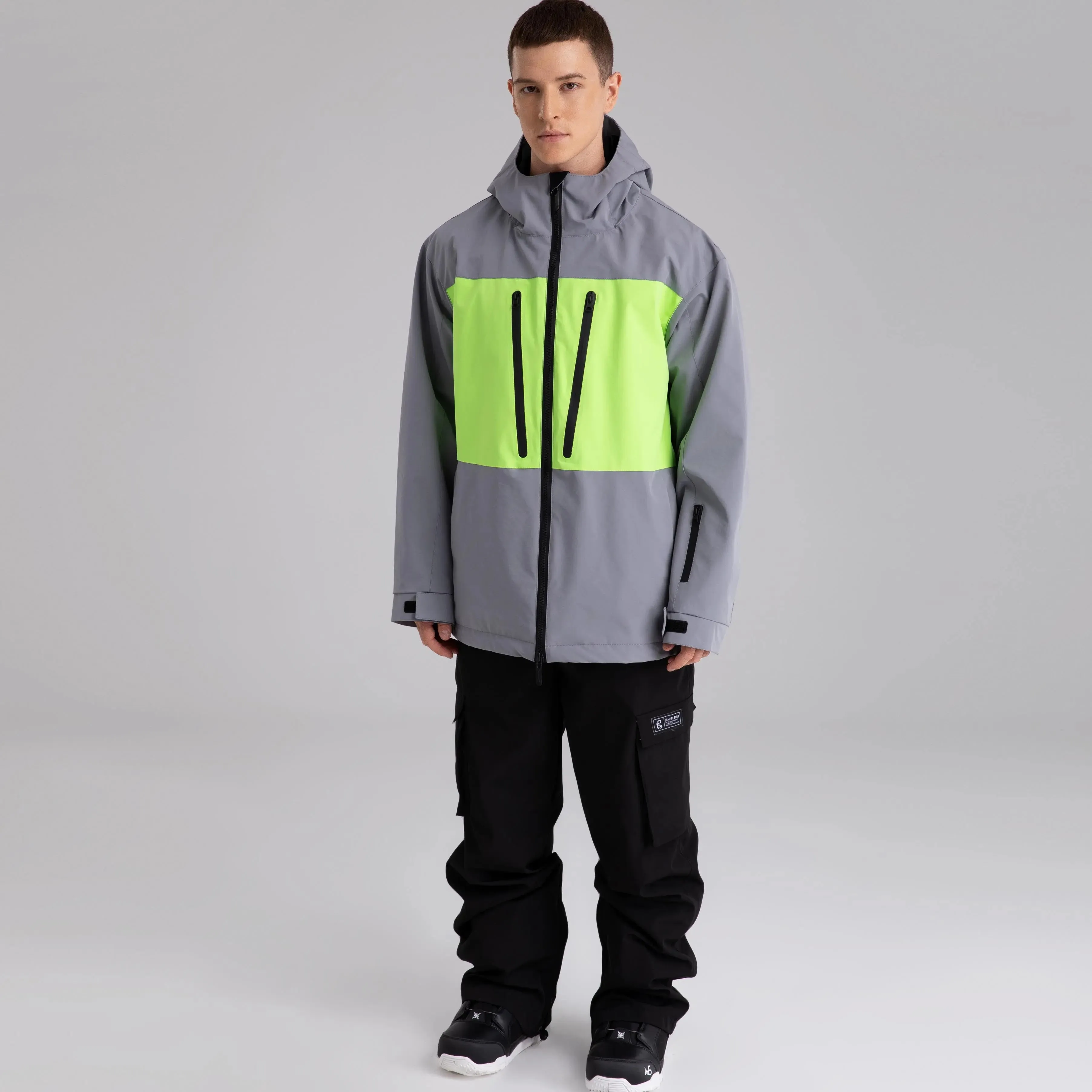 Men Neon Colorblock Hooded Ski Jacket Durable Snow Coat