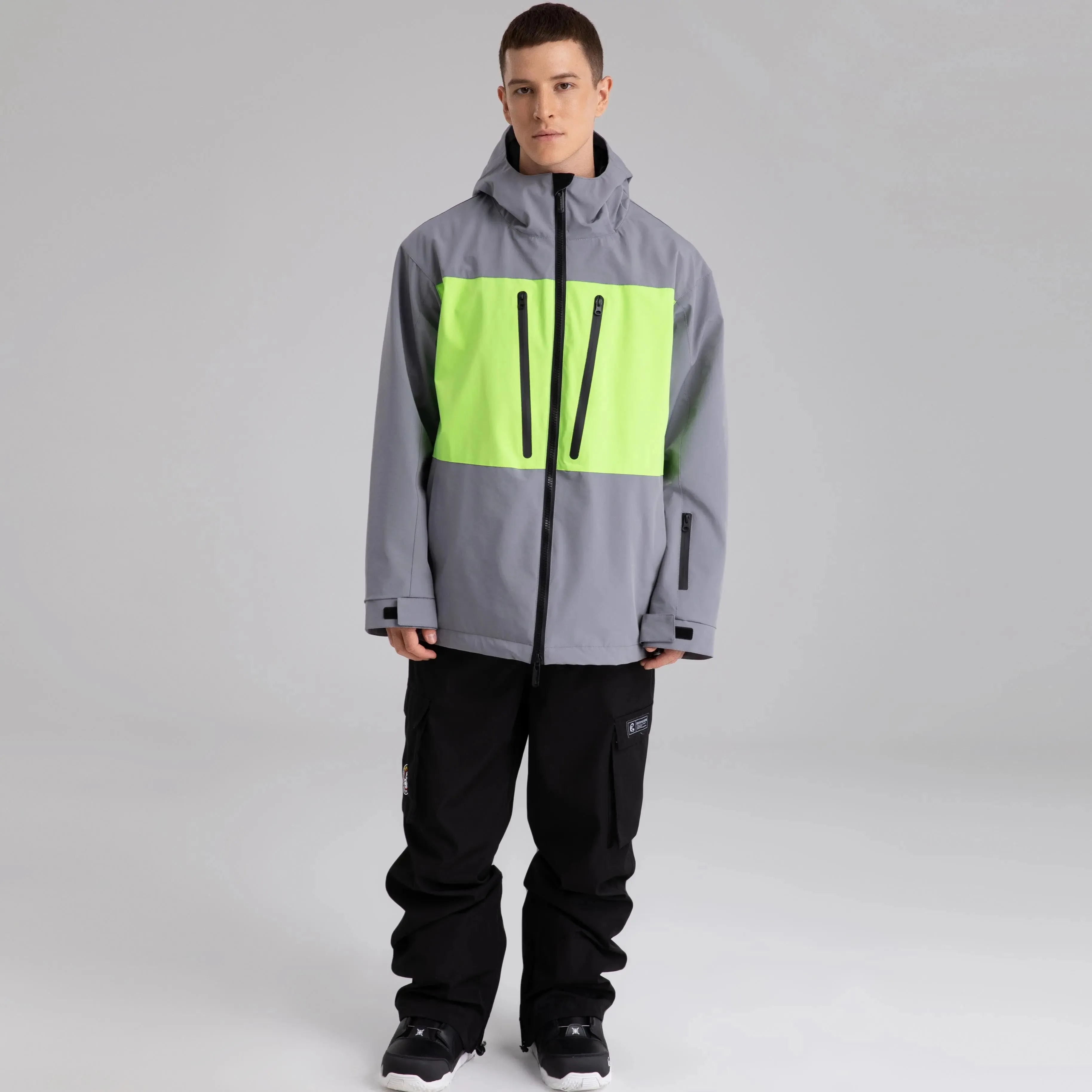 Men Neon Colorblock Hooded Ski Jacket Durable Snow Coat