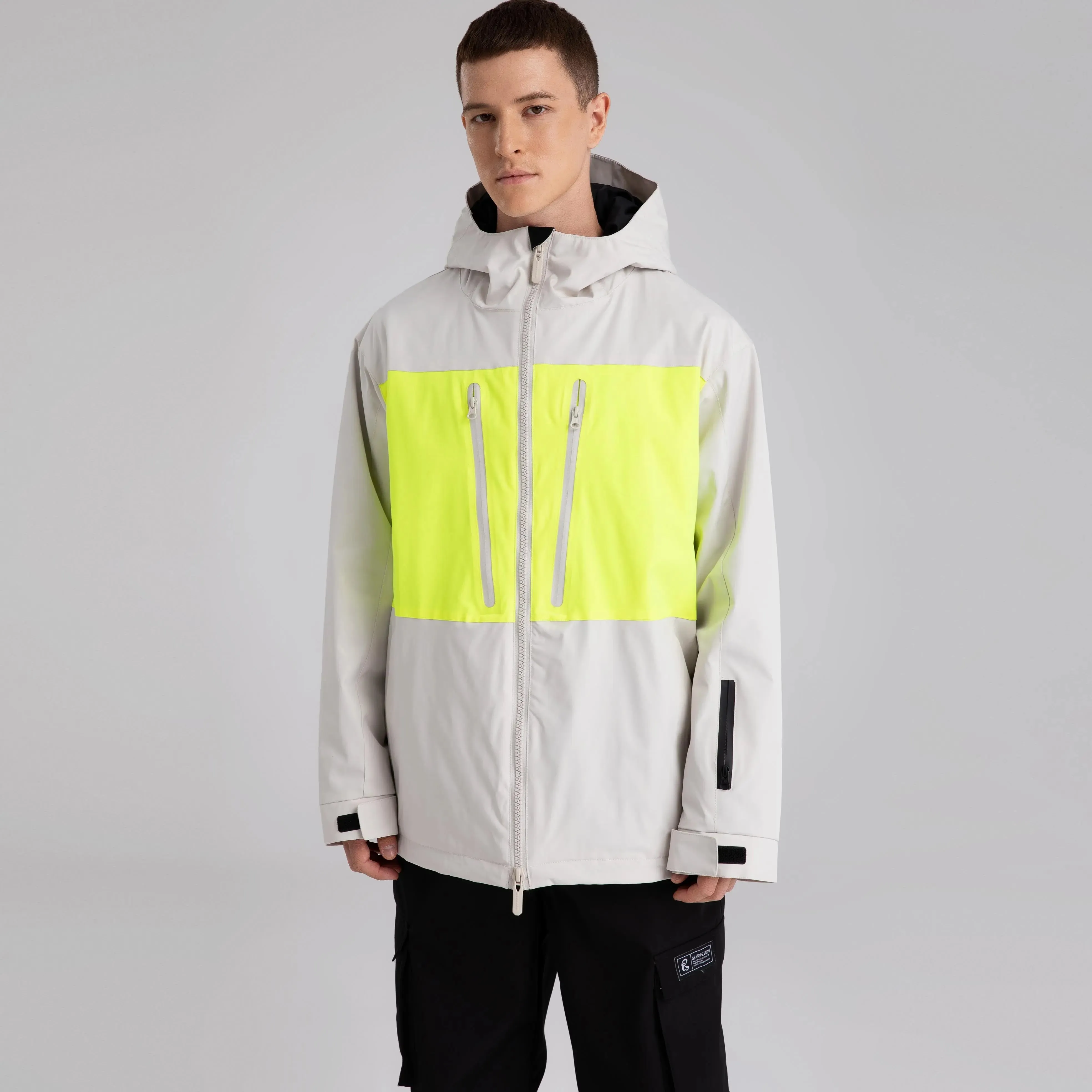 Men Neon Colorblock Hooded Ski Jacket Durable Snow Coat