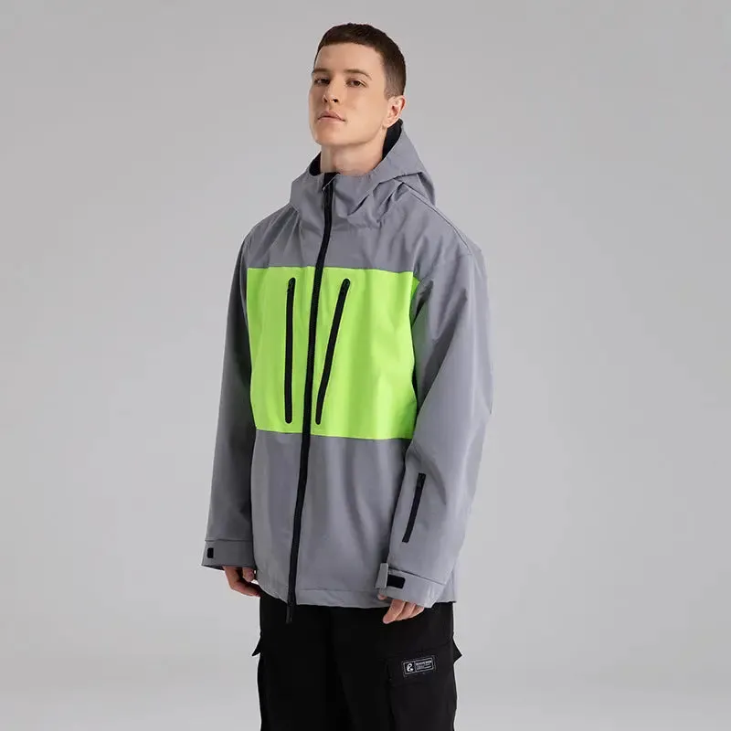 Men Neon Colorblock Hooded Ski Jacket Durable Snow Coat