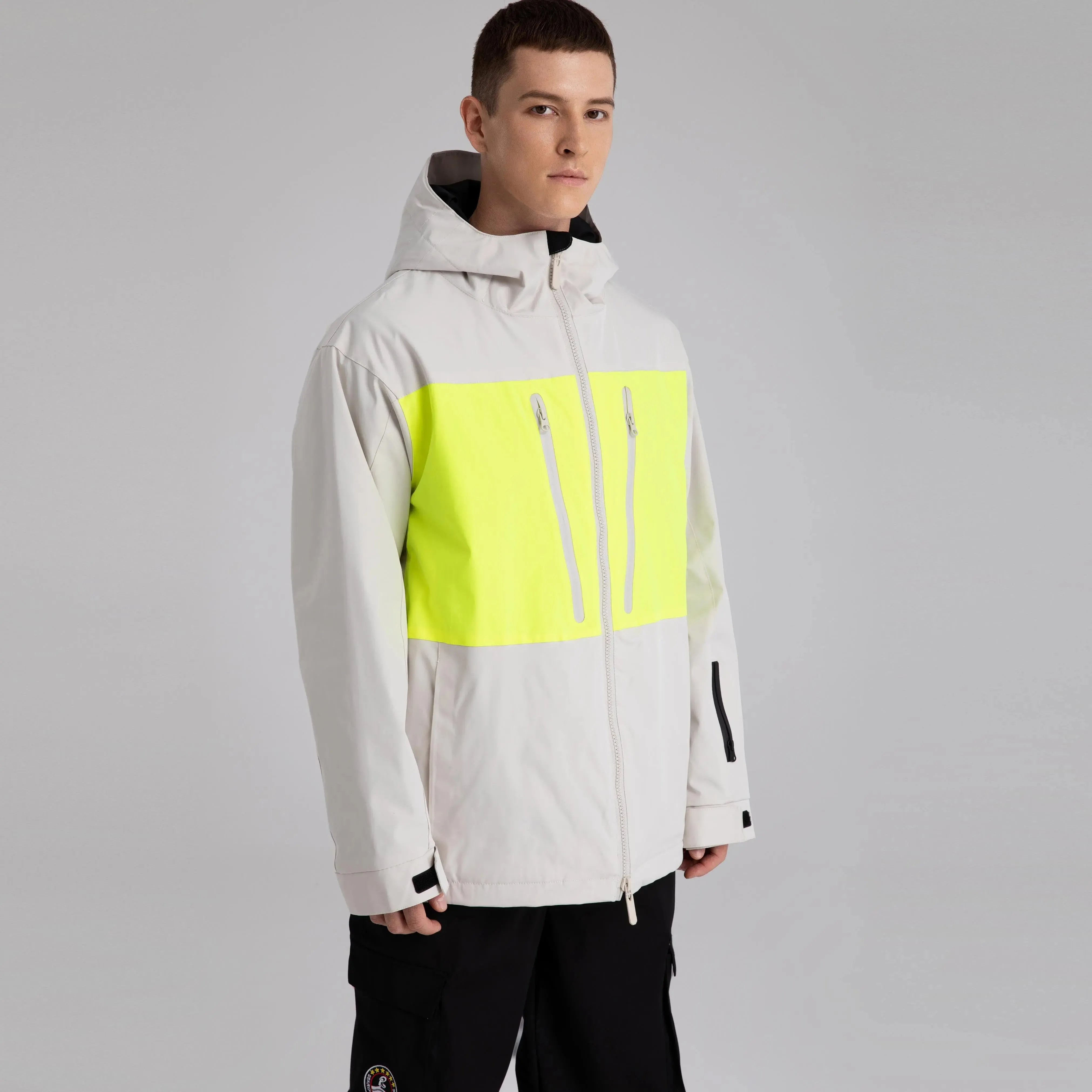 Men Neon Colorblock Hooded Ski Jacket Durable Snow Coat