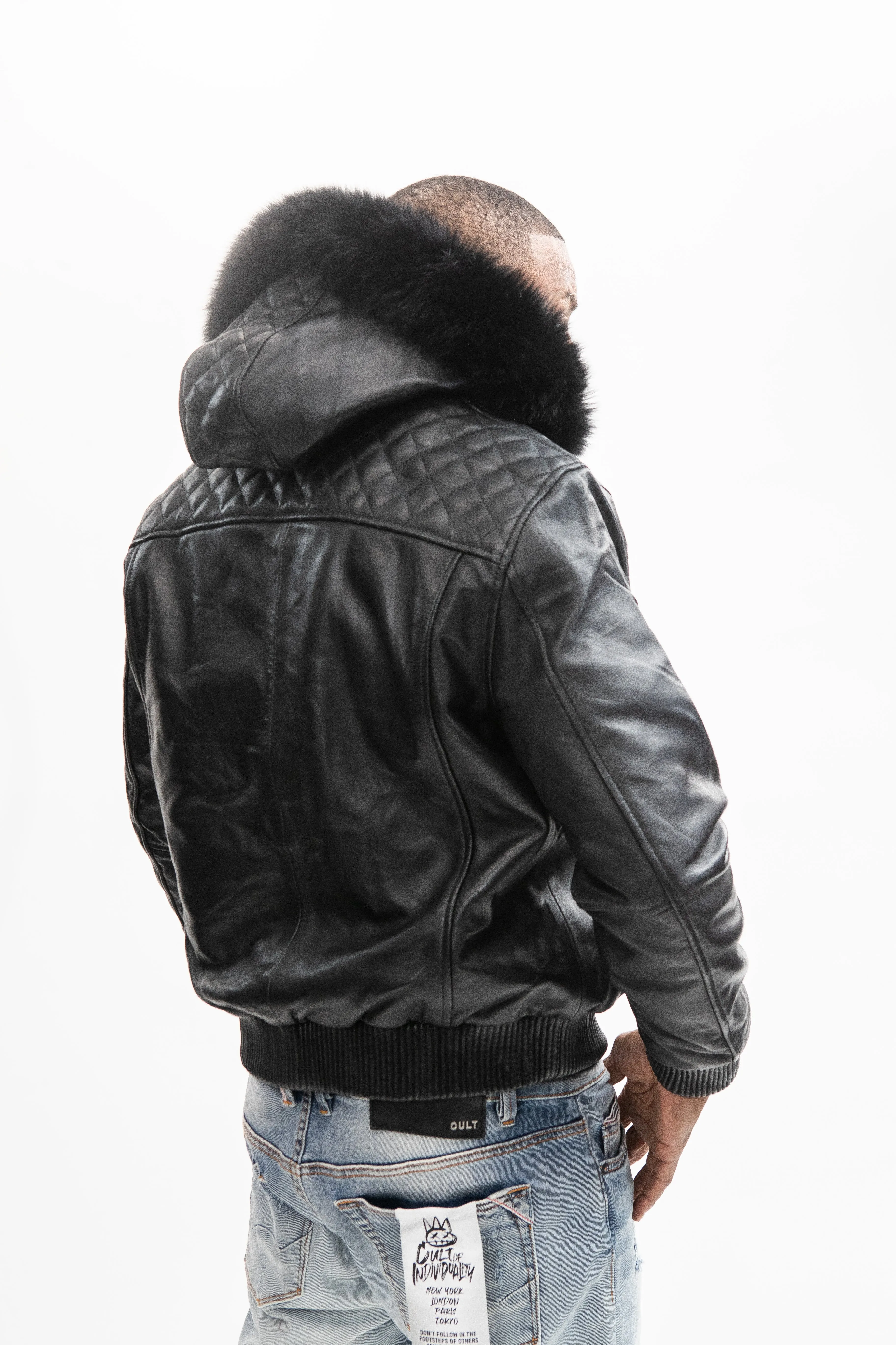 Men's Lucas Quilted Leather Bomber Jacket With Fox Hood [Black Fox]