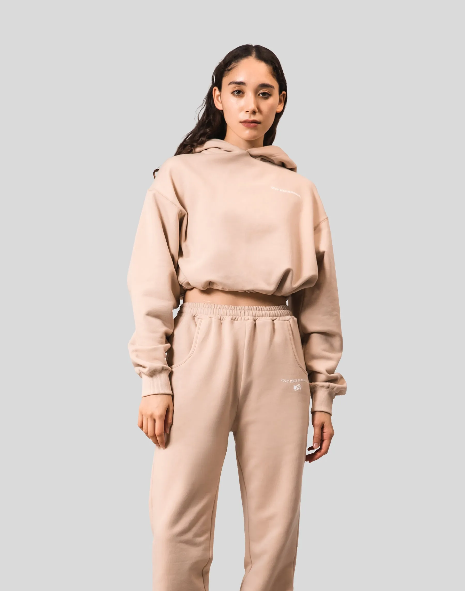 Message Ring Cropped Hoodie - Beige