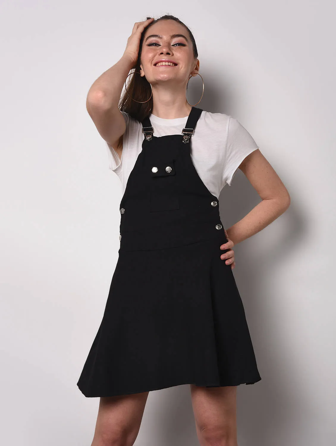 Metallic button closure dungaree dress