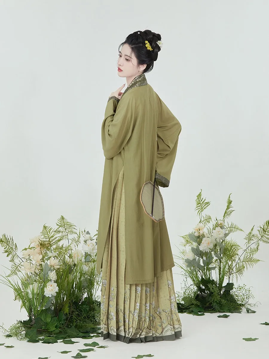 Olive Chinese Style Vintage Floral Embroidery Morden Hanfu Skirt Set