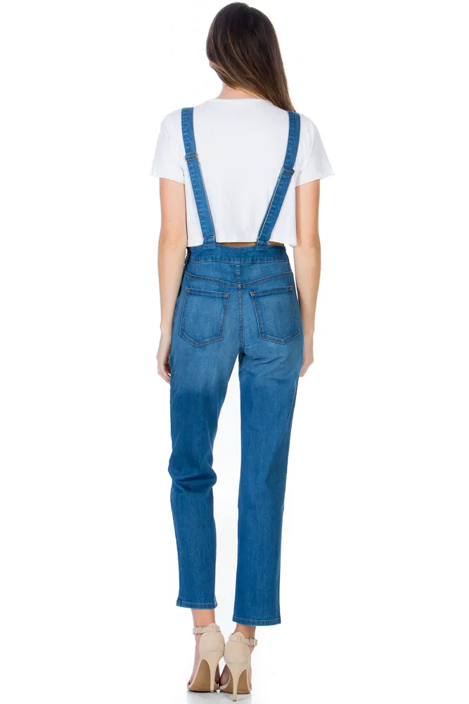 Over the Moon Long Straight Leg Denim Overalls Medium Wash