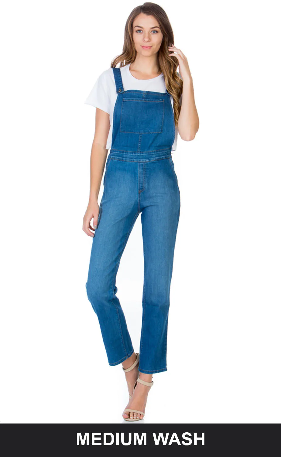 Over the Moon Long Straight Leg Denim Overalls Medium Wash