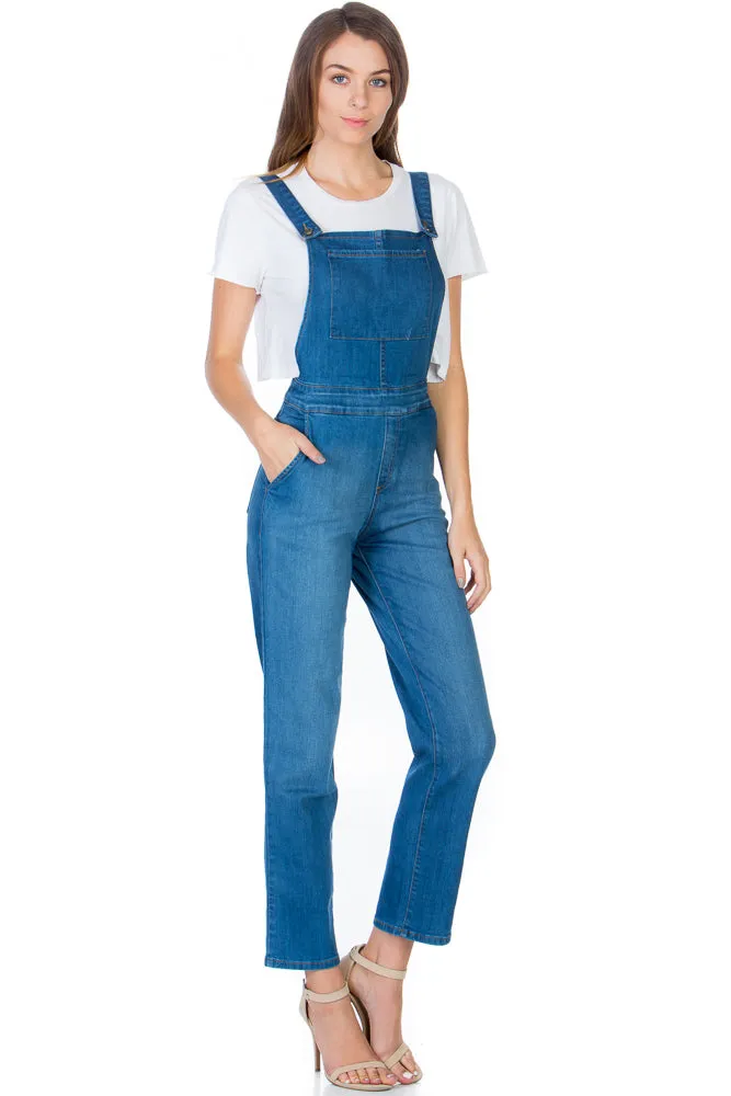 Over the Moon Long Straight Leg Denim Overalls Medium Wash