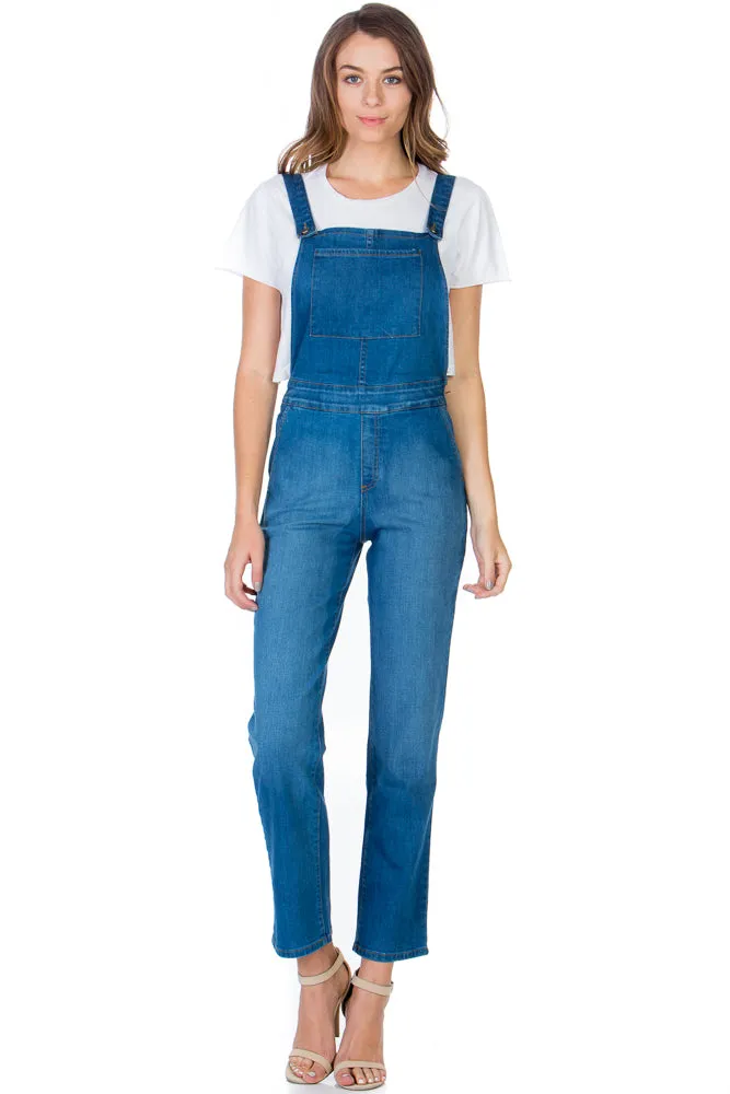 Over the Moon Long Straight Leg Denim Overalls Medium Wash