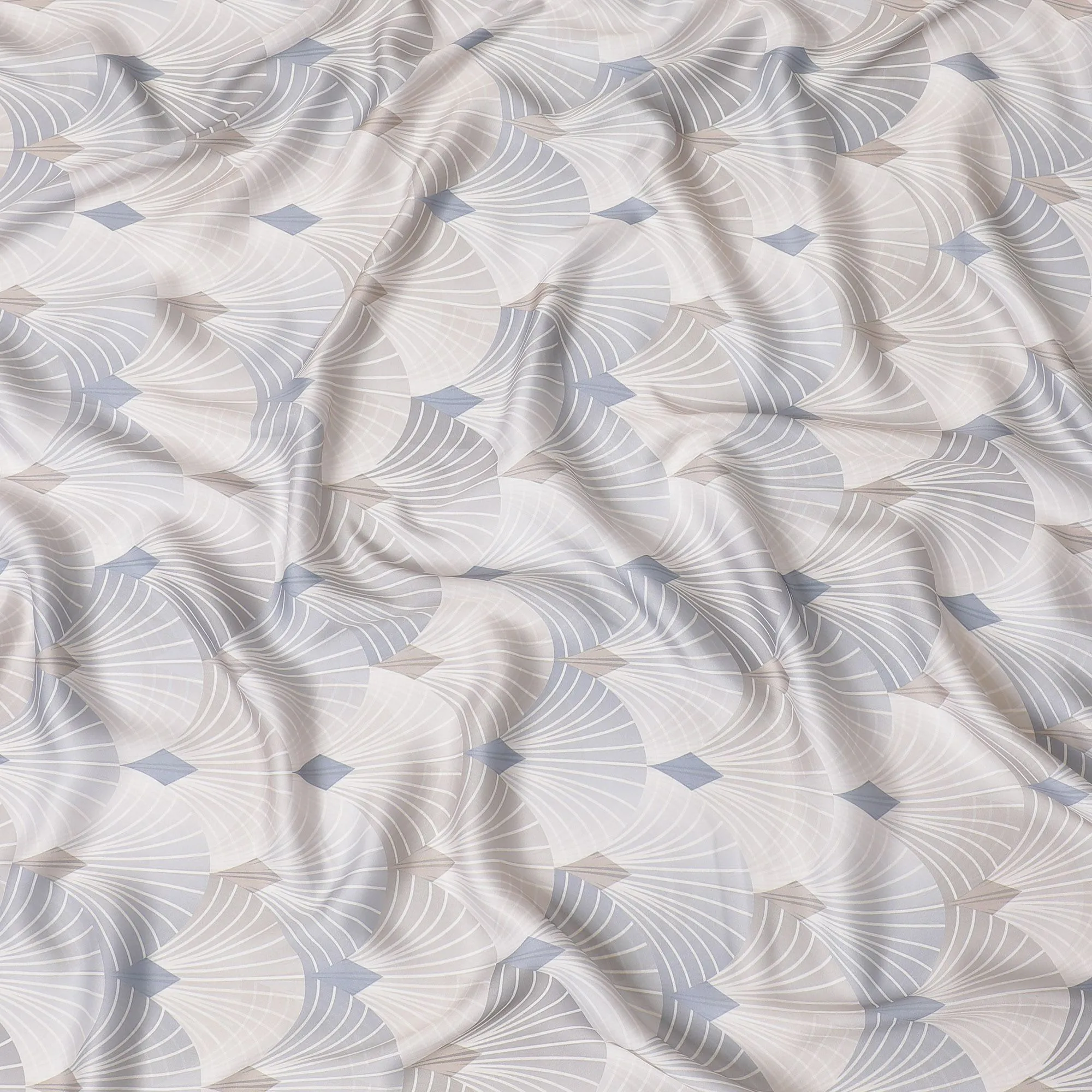 Pale brown synthetic satin fabric with multicolor print in leaf design-D16842