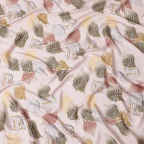 Peach synthetic satin fabric with multicolor print in leaf design-D16839