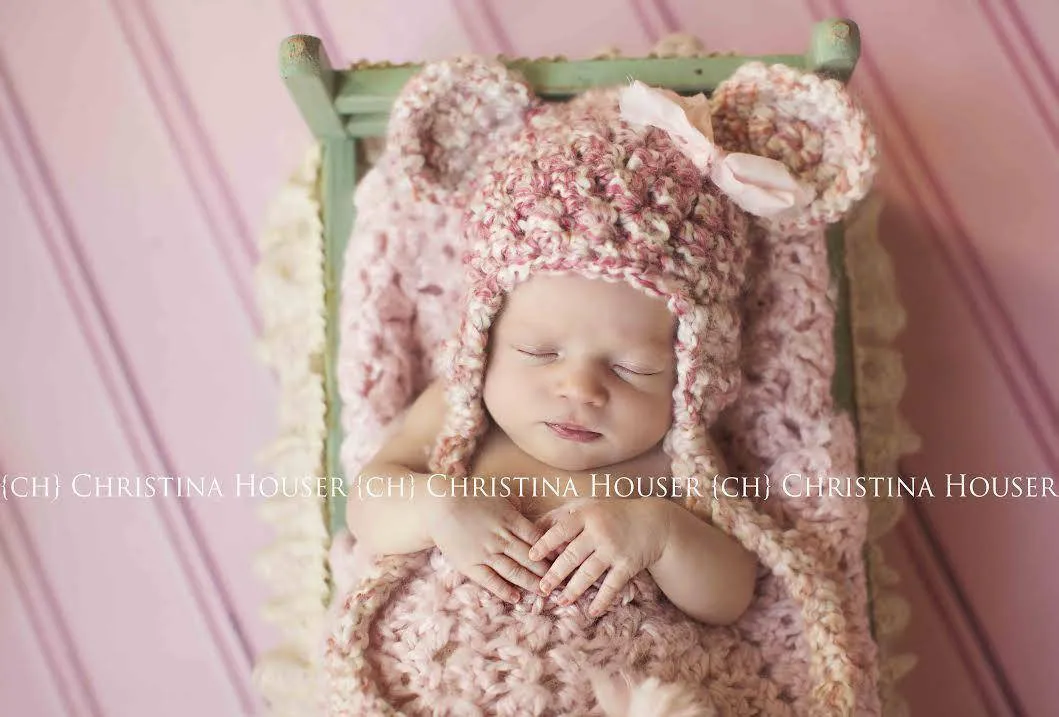 Pink and Cream Newborn Earflap Teddy Bear Hat