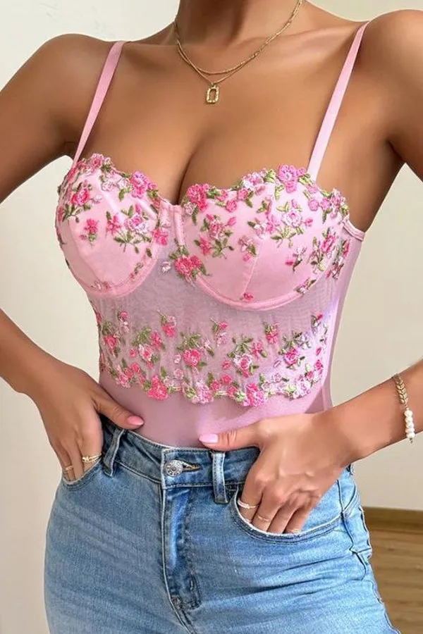 Pink Mesh Teddy with Mesh Floral Embroidery Bustier Top