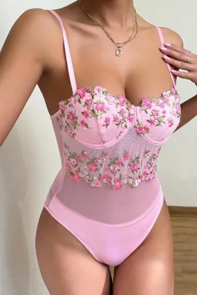 Pink Mesh Teddy with Mesh Floral Embroidery Bustier Top