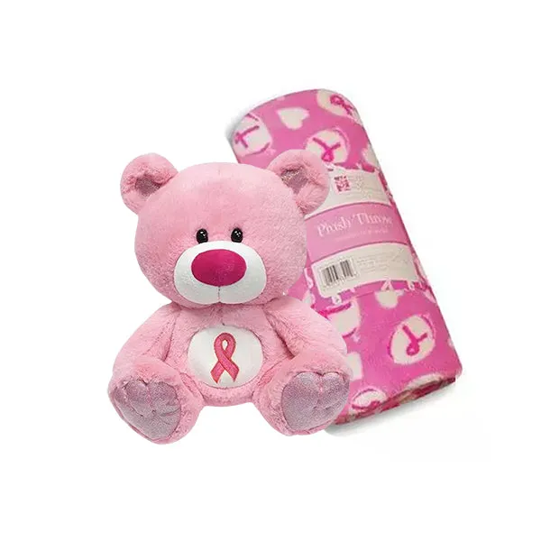 Pink Ribbon Plush Teddy Bear and Plush Throw Blanket Set