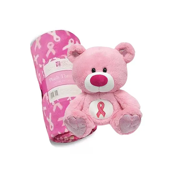 Pink Ribbon Plush Teddy Bear and Plush Throw Blanket Set