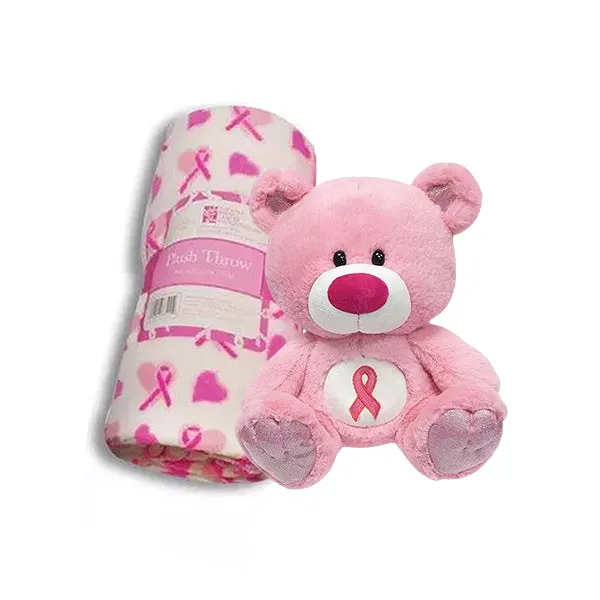 Pink Ribbon Plush Teddy Bear and Plush Throw Blanket Set