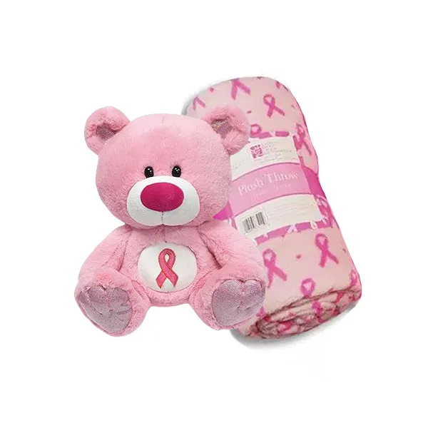 Pink Ribbon Plush Teddy Bear and Plush Throw Blanket Set