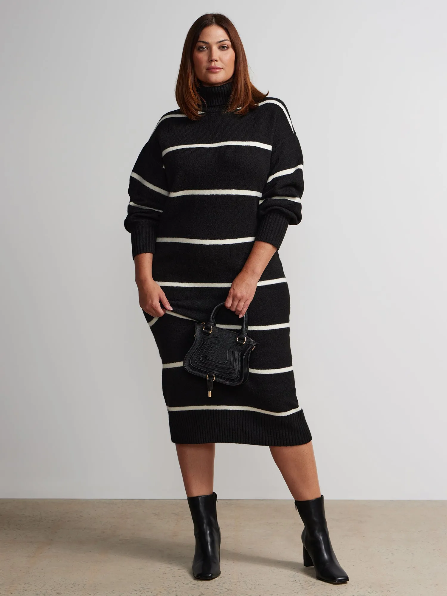 Plus Long Sleeve Turtleneck Striped Sweater Dress