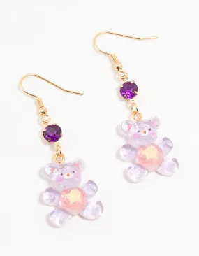 Purple Acrylic Diamante Glitter Teddy Bear Drop Earrings