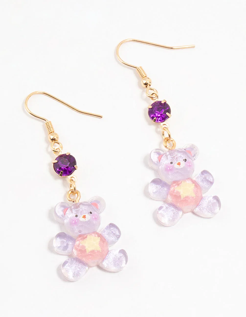 Purple Acrylic Diamante Glitter Teddy Bear Drop Earrings