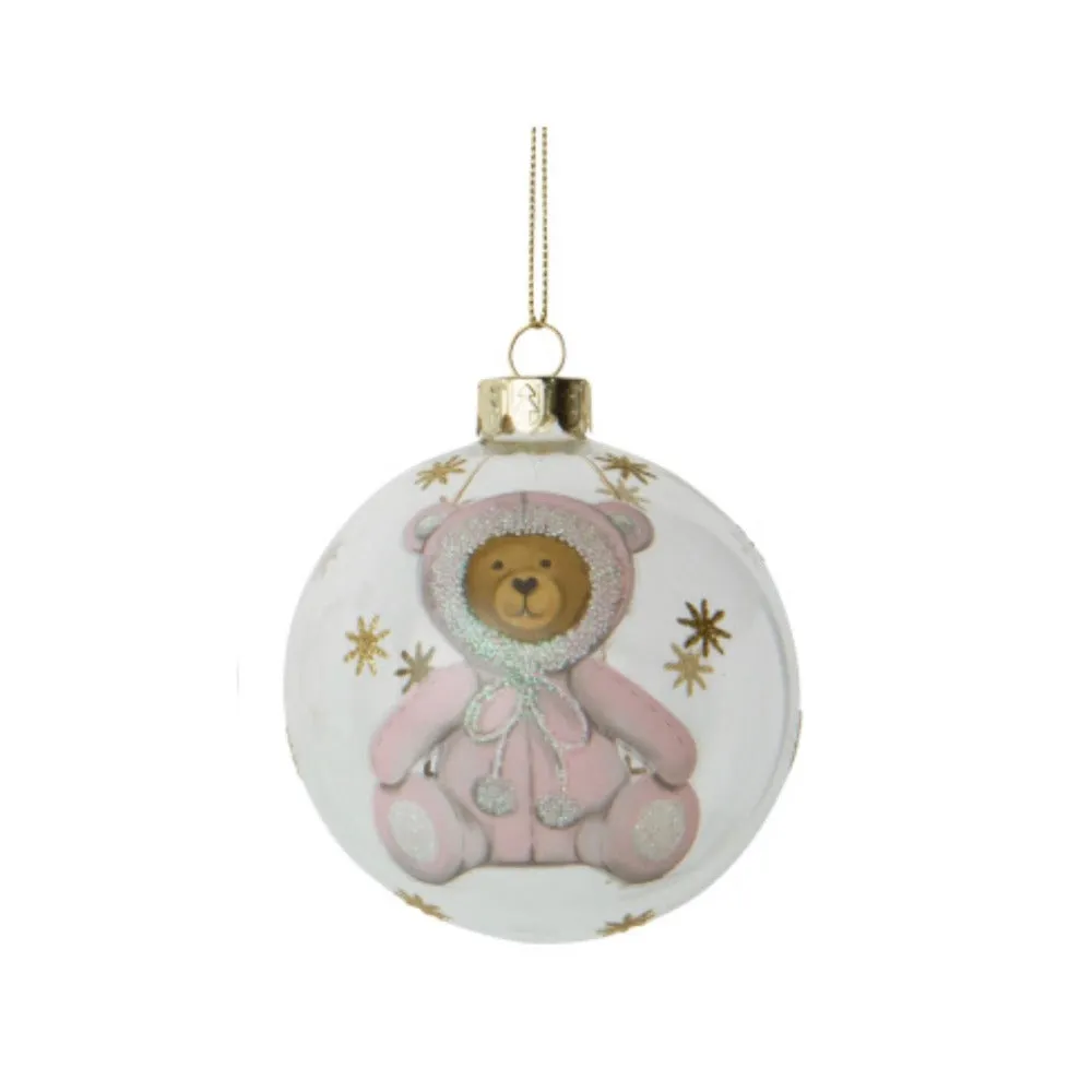 "Baby's First Christmas" Teddy Bear Glass Ball Ornament - Pink