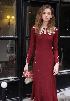 Retro Contrast Colors Red Knit Mermaid Dress