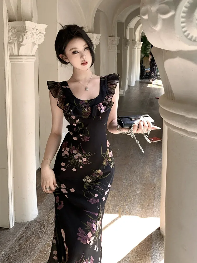 ruffled sleeves black floral dress summer long dress      S5838