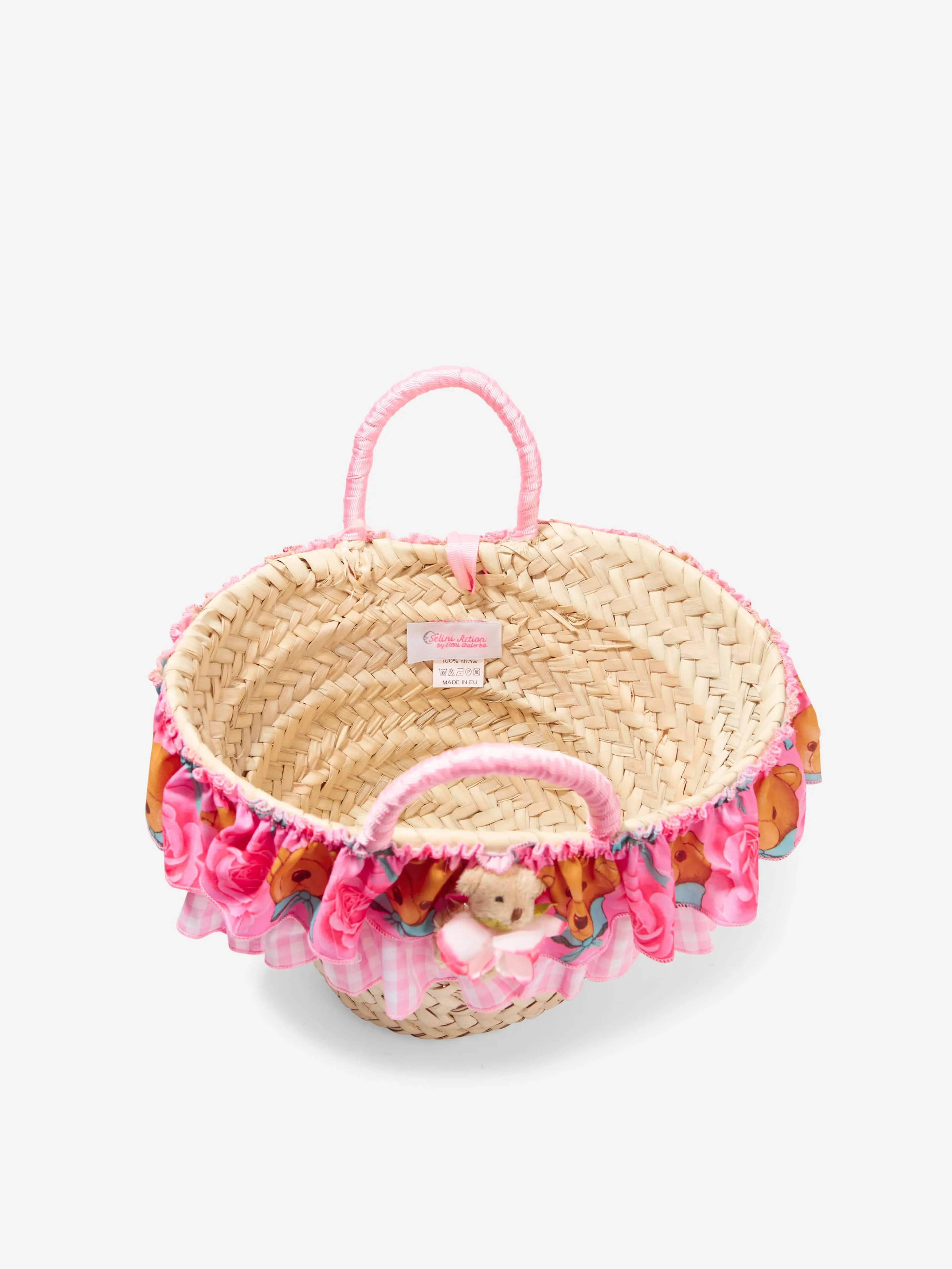 Selini Action Girls Teddy Bear Straw Bag in Pink