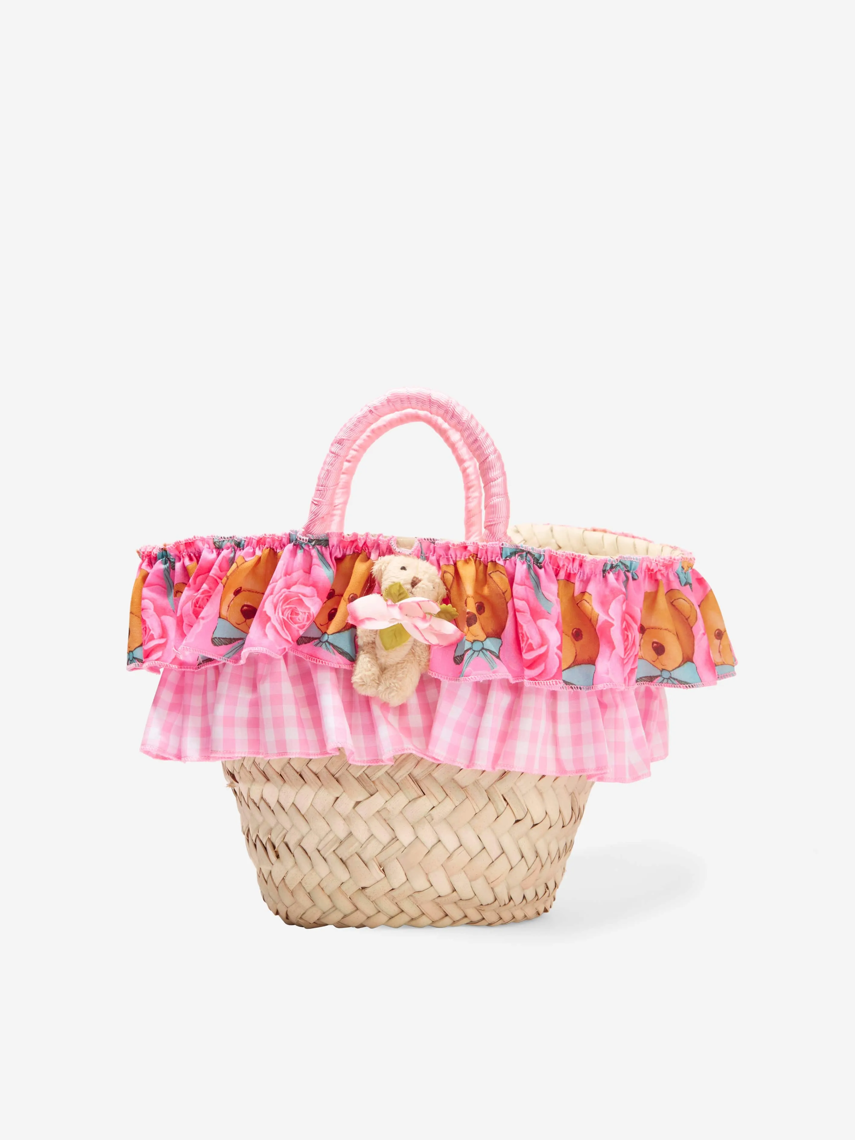 Selini Action Girls Teddy Bear Straw Bag in Pink