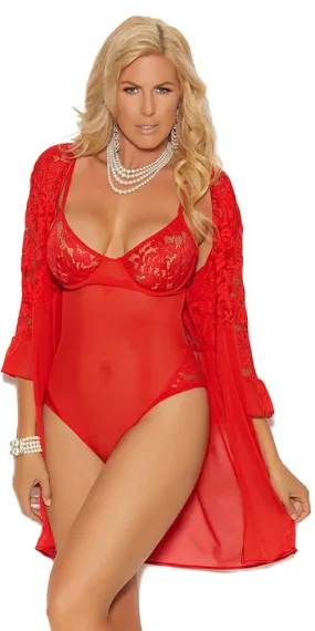 Sexy Holiday Plus Size Red Mesh and Lace Teddy and Robe