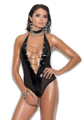 Sexy Majesty Fishnet and Vinyl Chain Halterneck Teddy