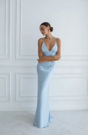 Sky-Blue Satin Slip Maxi Dress