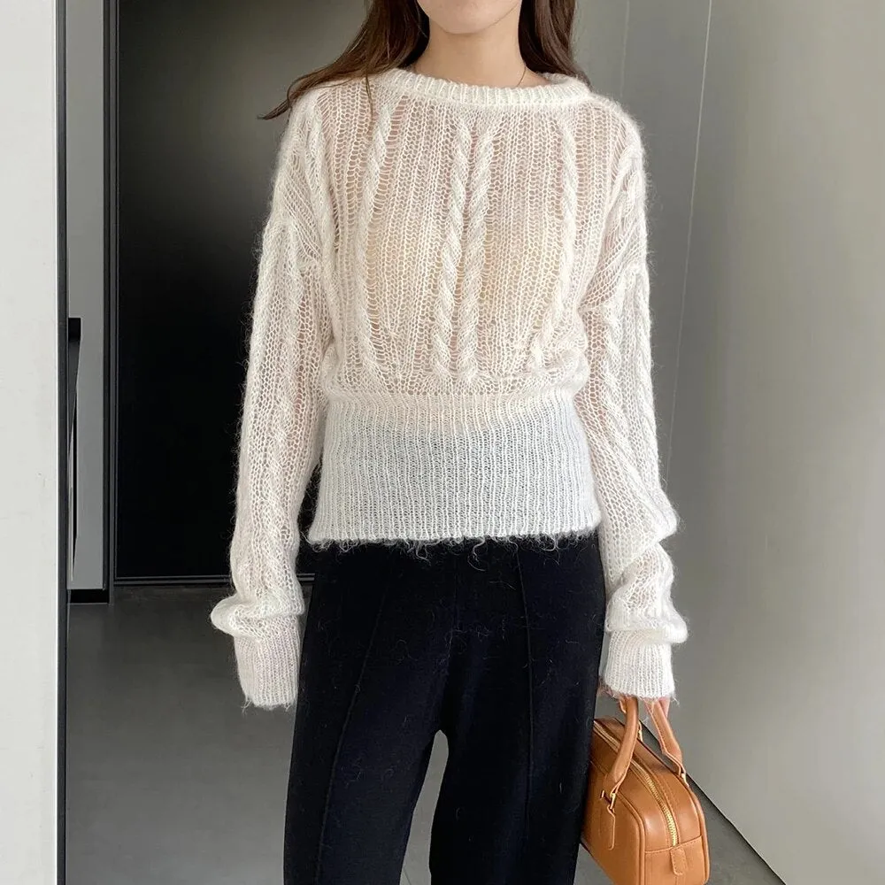 Solid Casual Sweaters For Women Round Neck Long Sleeve Hollow Out Loose Temperament Sweater Female Fashion Clothing